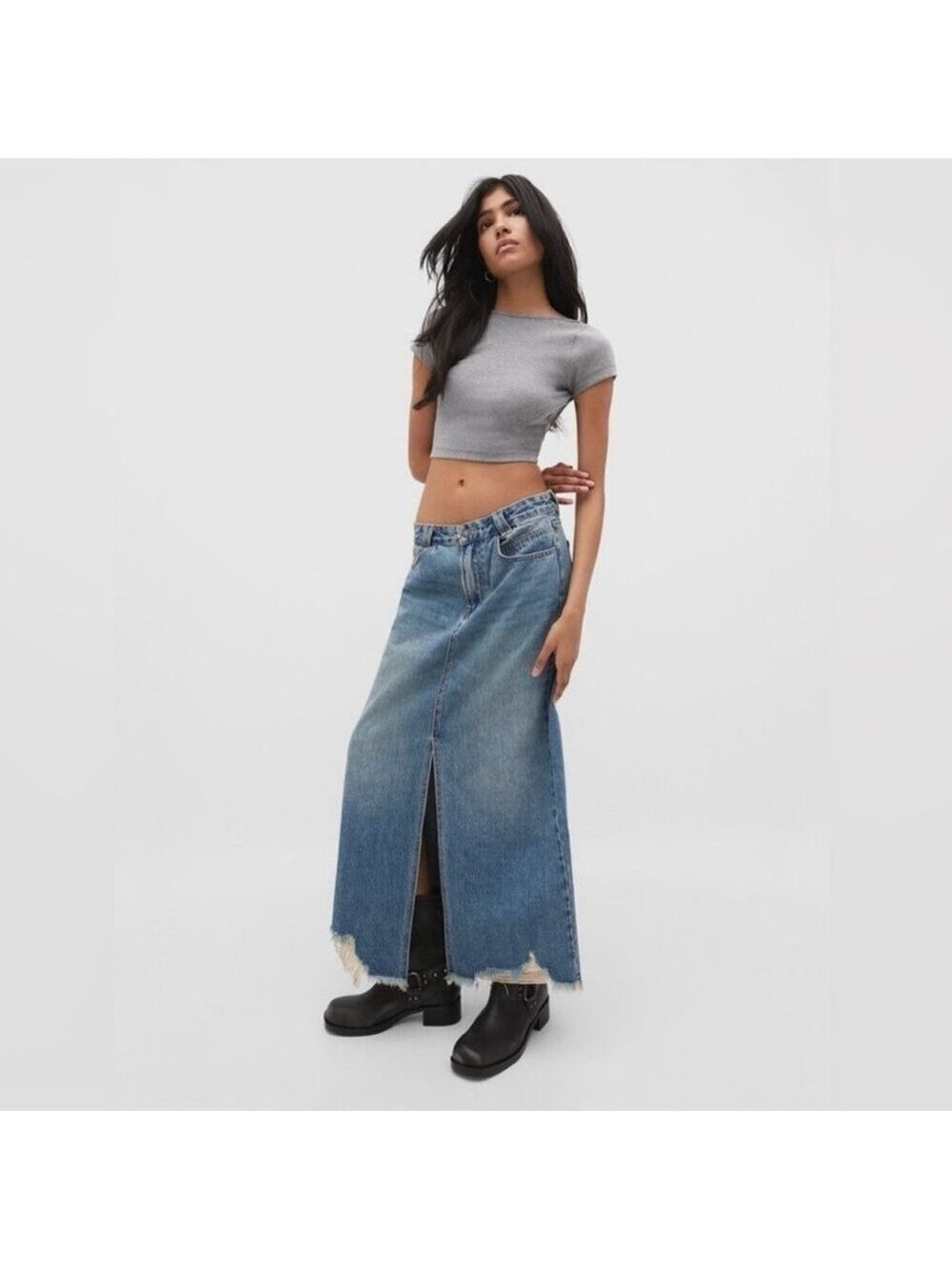 Stradivarius 44 Distressed Raw Hem Front Slit Midi Jean Skirt